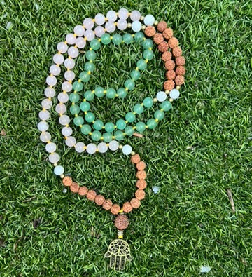 108 Mala — Hamsa, Rudraksha, Rose Quartz, Green Aventurine & Moonstone