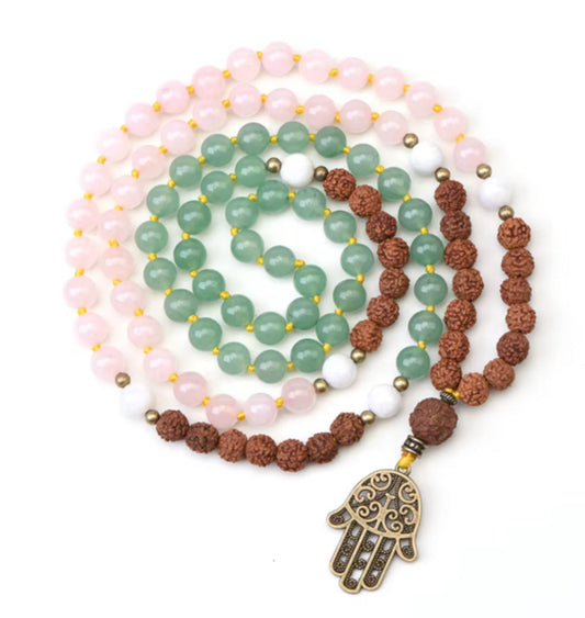 108 Mala — Hamsa, Rudraksha, Rose Quartz, Green Aventurine & Moonstone