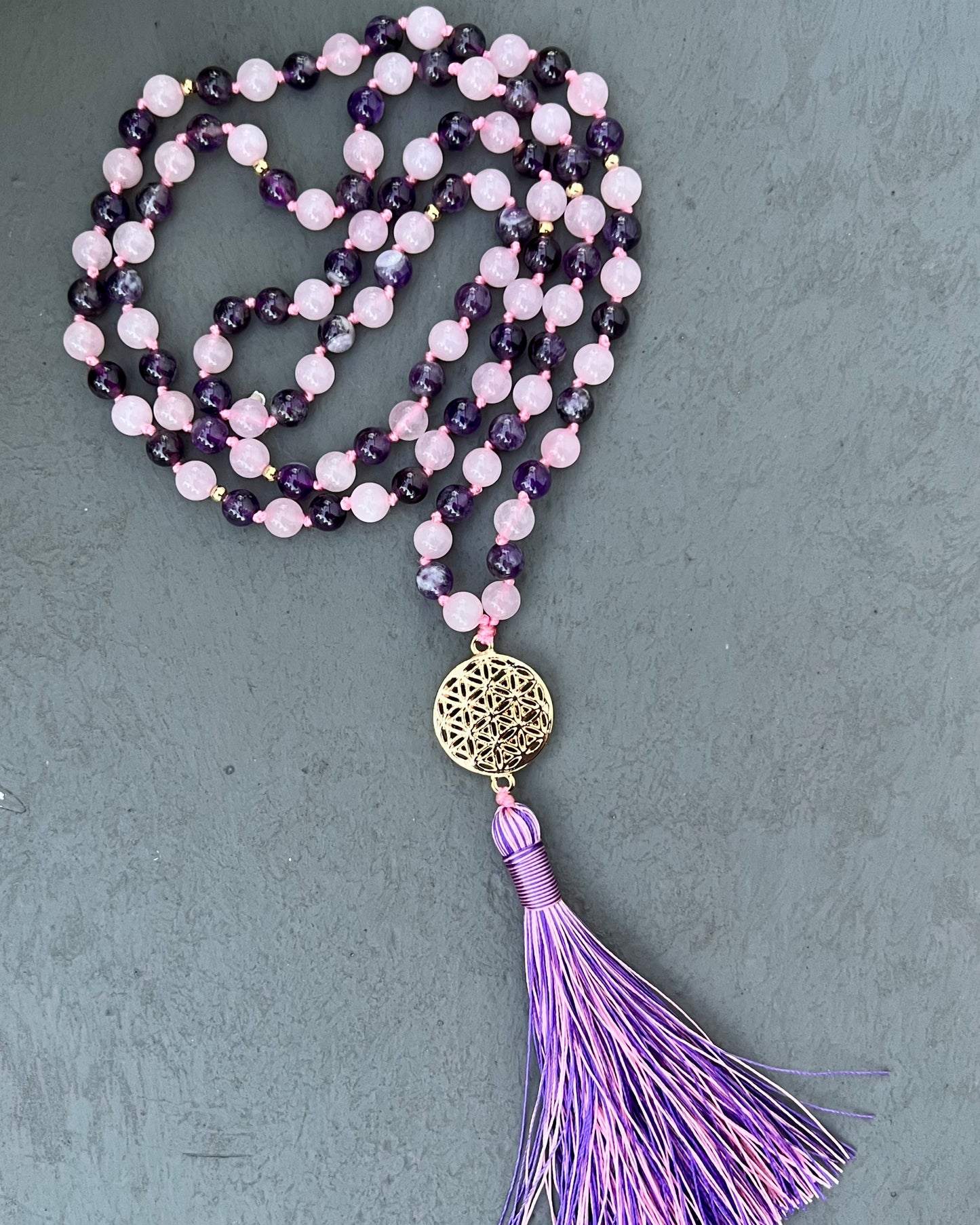 108 Mala — Rose Quartz & Amethyst with Lotus Pendant