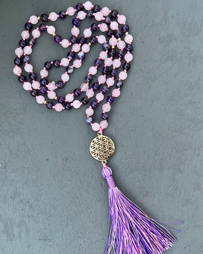 108 Mala — Rose Quartz & Amethyst with Lotus Pendant