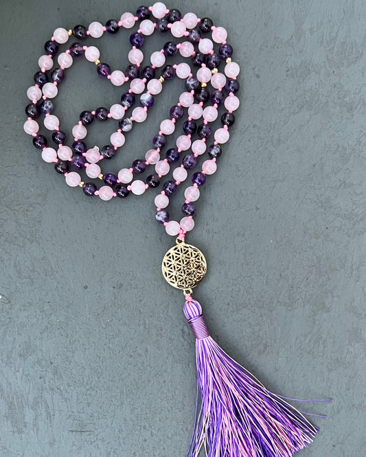108 Mala — Rose Quartz & Amethyst with Lotus Pendant