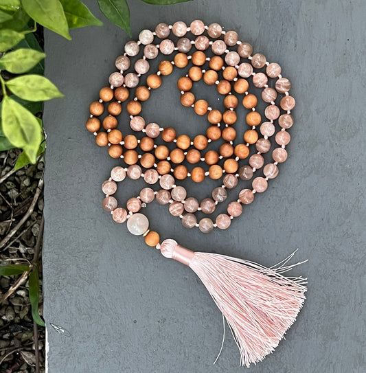 108 Mala — Peach Moonstone & Sandalwood