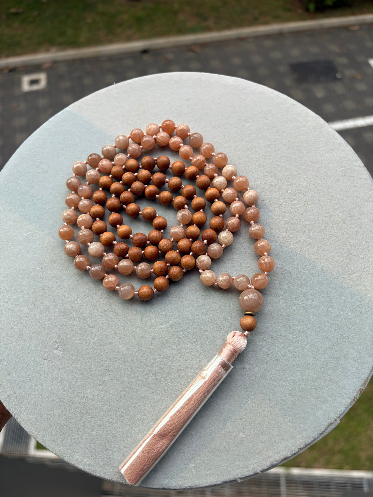 108 Mala — Peach Moonstone & Sandalwood