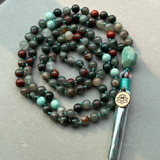 108 Mala - Indian Bloodstone & Blue Apatite