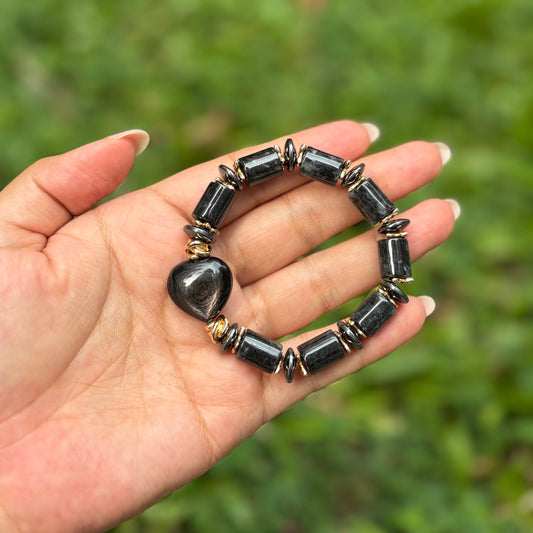 Heart Hypersthene & Black Jade Bracelet