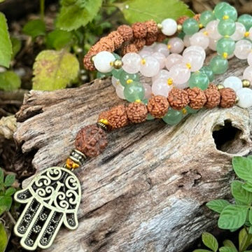 108 Mala — Hamsa, Rudraksha, Rose Quartz, Green Aventurine & Moonstone