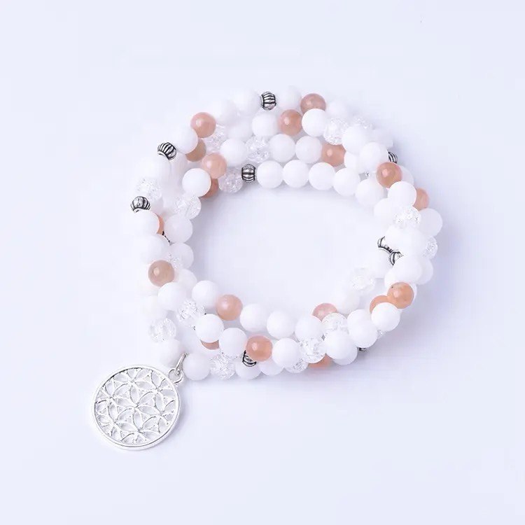 108 Mala -White Agate & Peach Moonstone