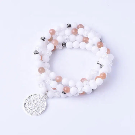 108 Mala -White Agate & Peach Moonstone
