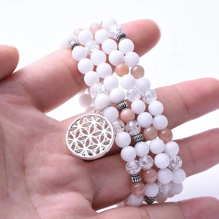 108 Mala -White Agate & Peach Moonstone