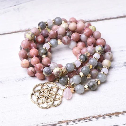 108 Mala - Flower Agate & Labradorite