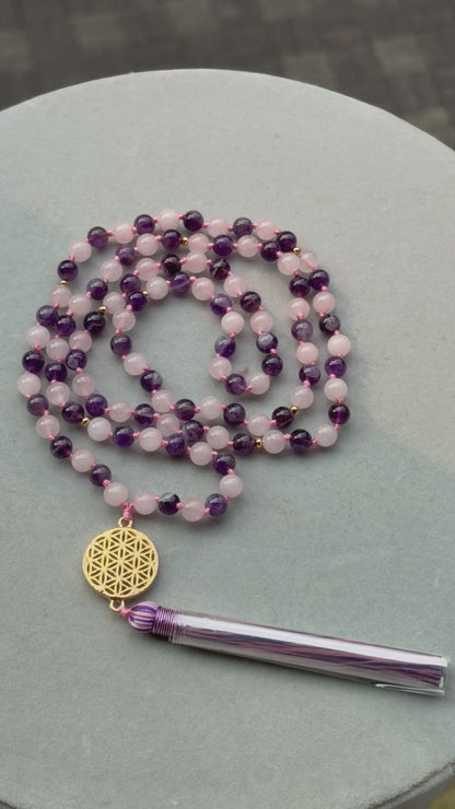 108 Mala — Rose Quartz & Amethyst with Lotus Pendant