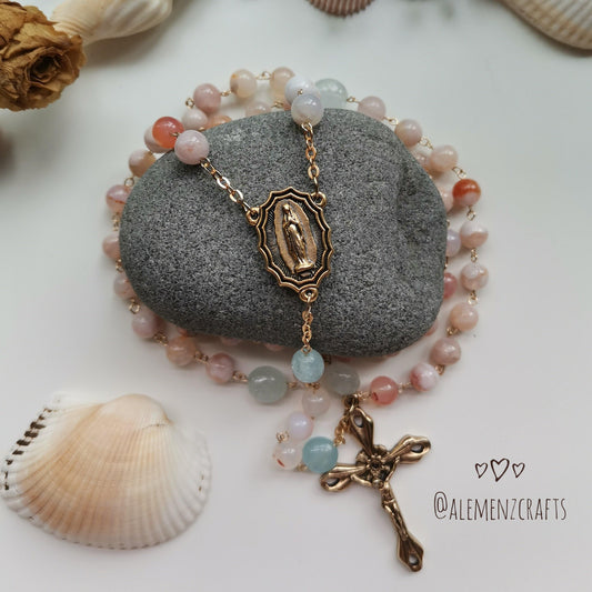 Sakura Agate and Aquamarine Rosary - ALEMENZ