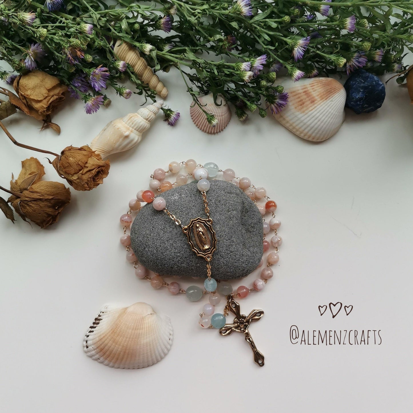 Sakura Agate and Aquamarine Rosary - ALEMENZ