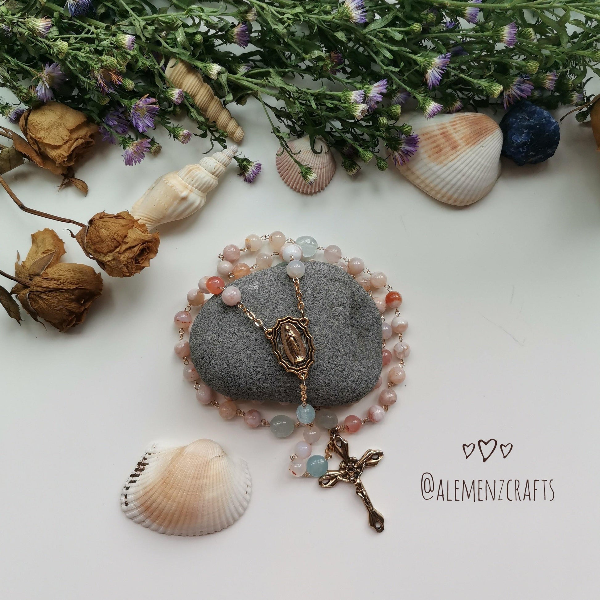 Sakura Agate and Aquamarine Rosary - ALEMENZ