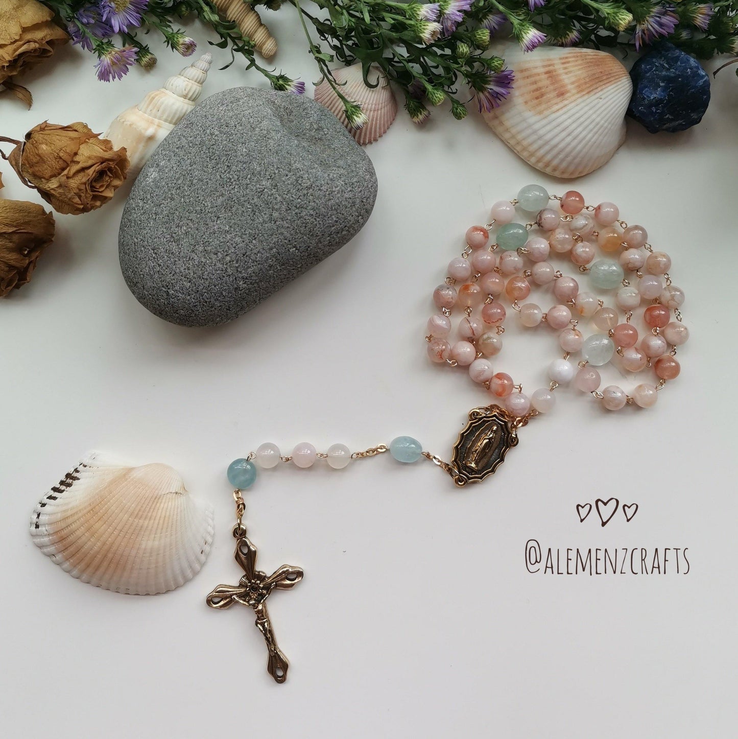 Sakura Agate and Aquamarine Rosary - ALEMENZ