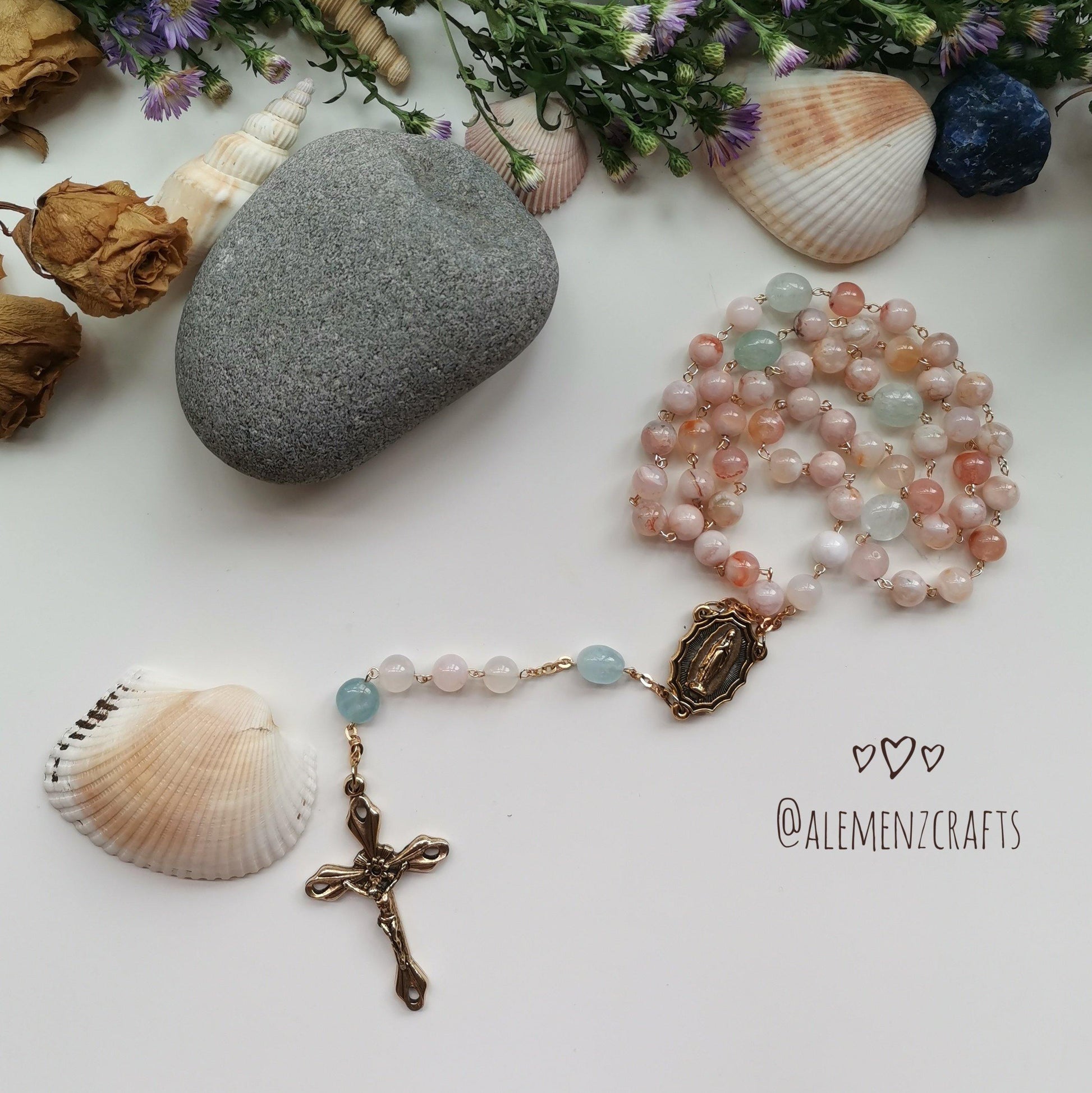 Sakura Agate and Aquamarine Rosary - ALEMENZ